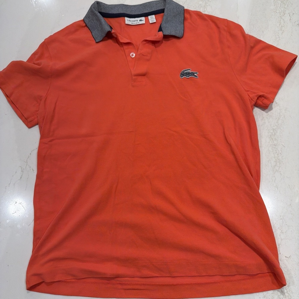 Lacoste Polo Shirt Mens Medium Regular Fit Salmon Red Coral Pink Contrast Collar
